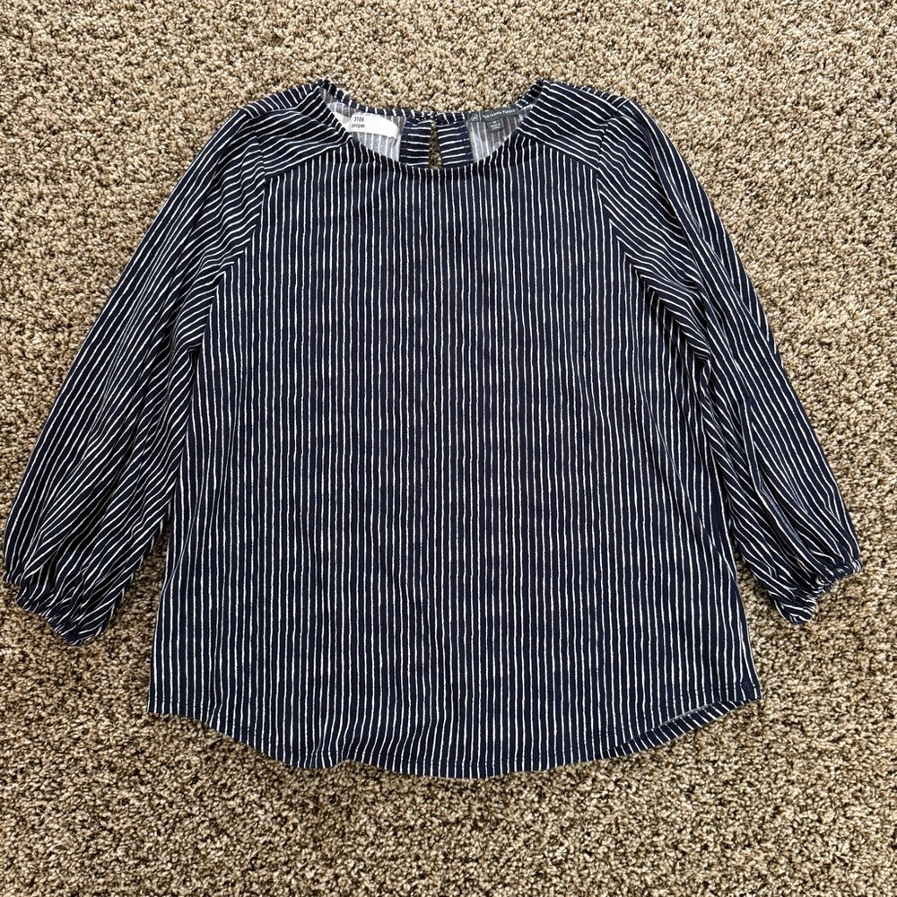 Adrianna Papell‎ M Navy White Striped Blouse Stretch Keyhole Back 3/4 Sleeve Top